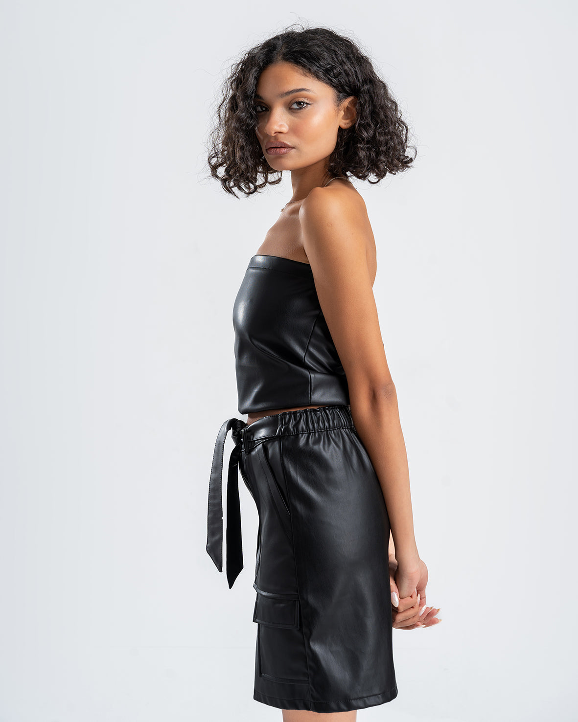 Women's Skirt  Black Mini Faux Leather Short Belted