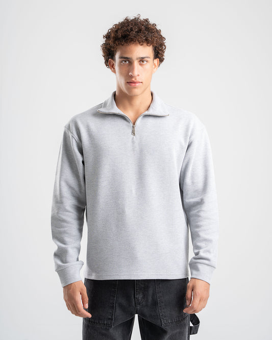 STRAIGHT FIT LIGHT GREY QUARTER-ZIP CASHMERE