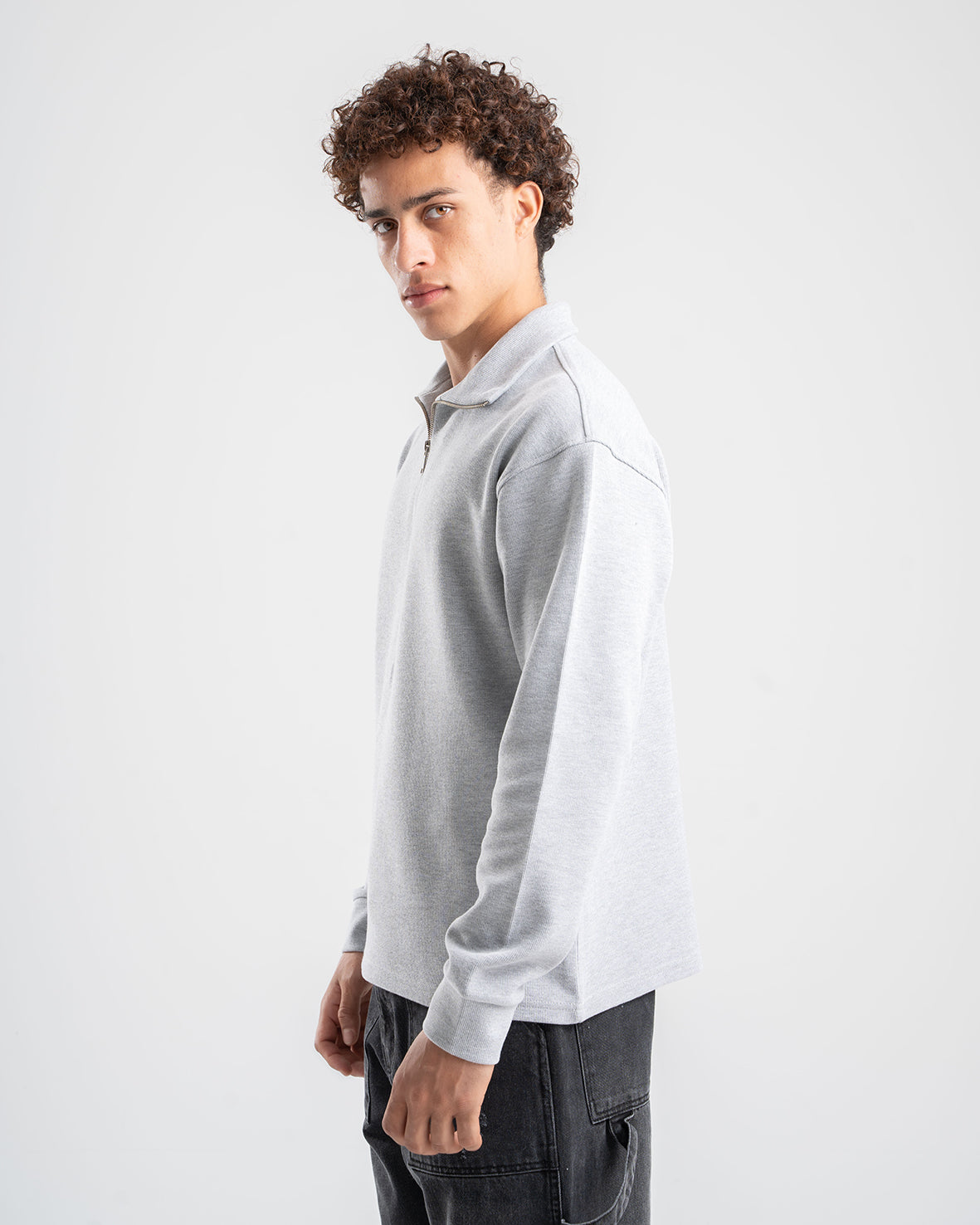 STRAIGHT FIT LIGHT GREY QUARTER-ZIP CASHMERE