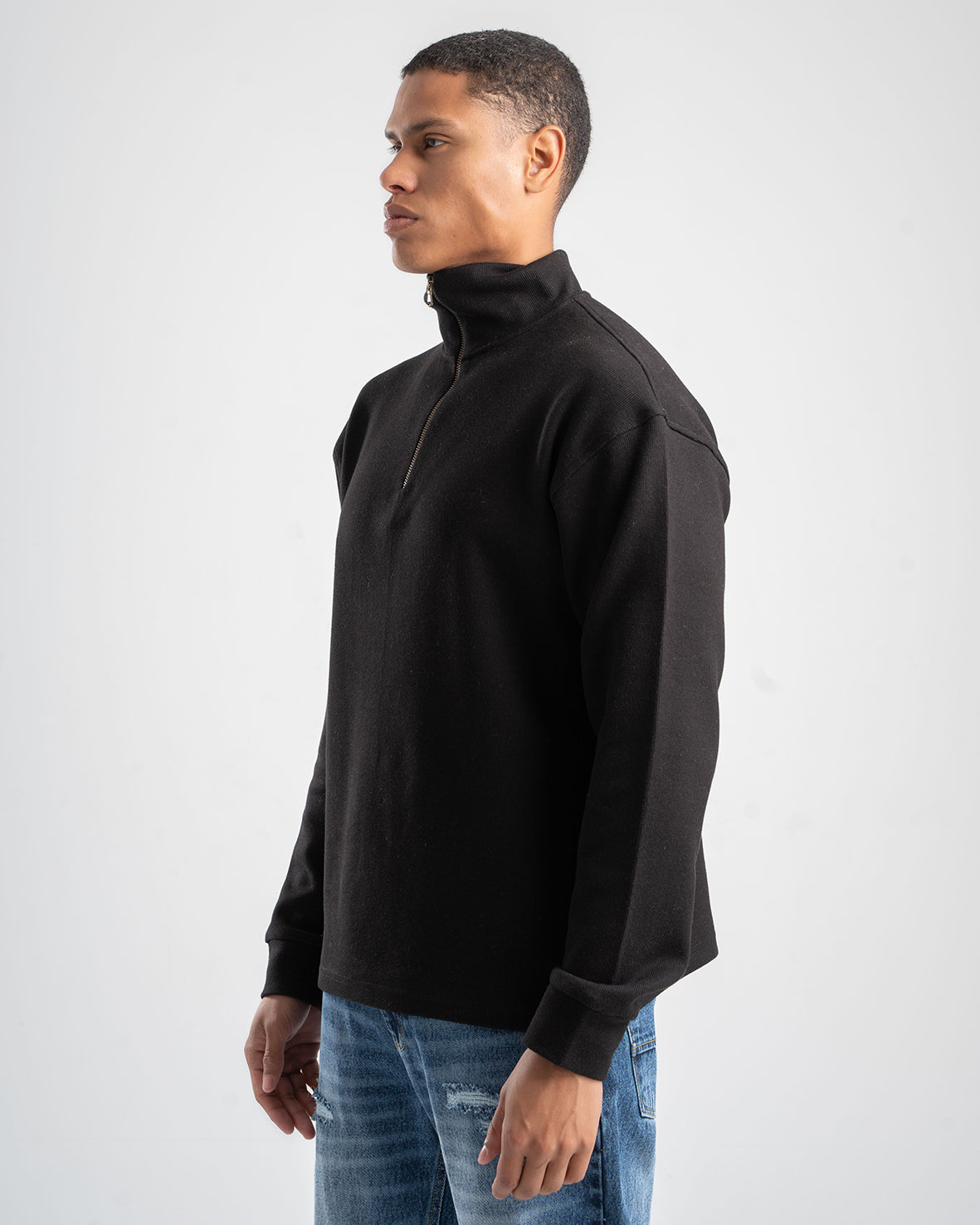 STRAIGHT FIT BLACK QUARTER-ZIP CASHMERE