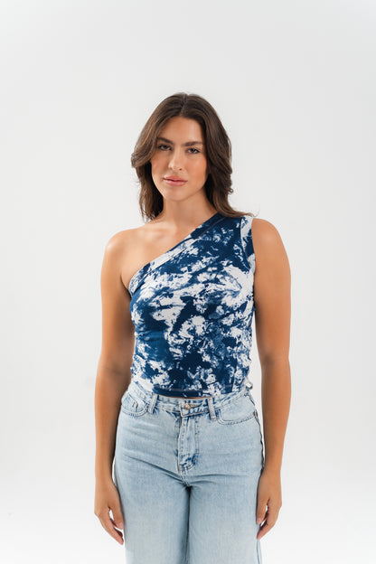 Tie Dye One Shoulder Shirt- dark blue