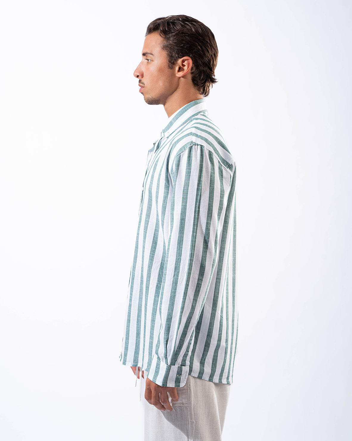 Unisex Green Stripped Linen Shirt long sleeve