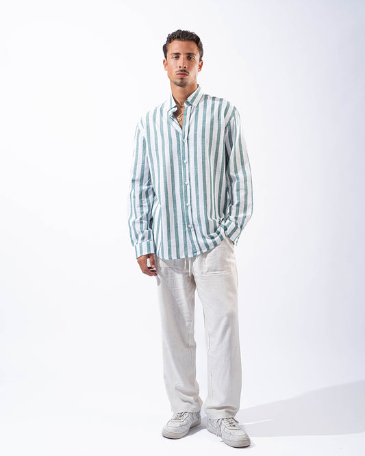 Unisex Green Stripped Linen Shirt long sleeve