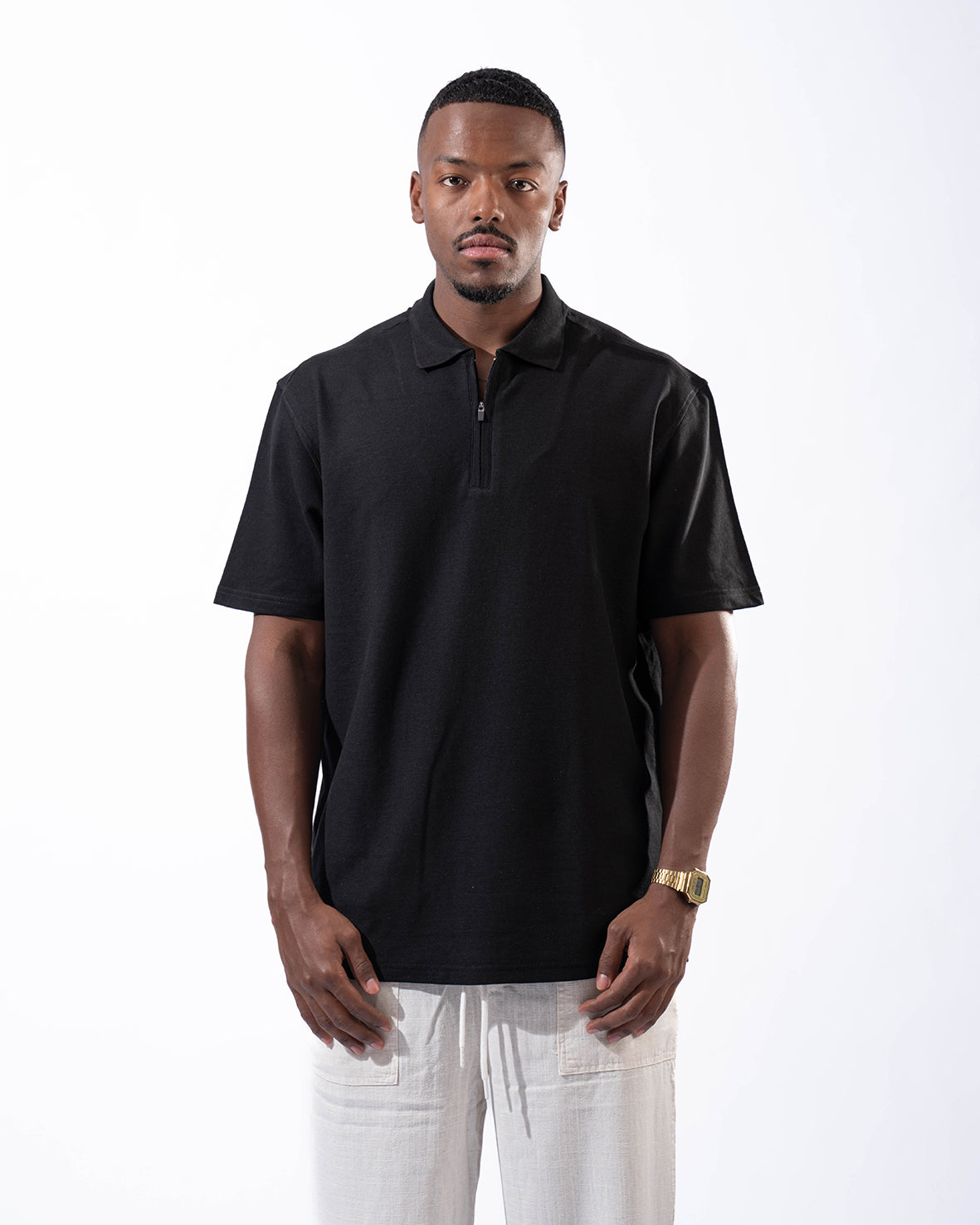 Black T-shirt Polo With Zipper