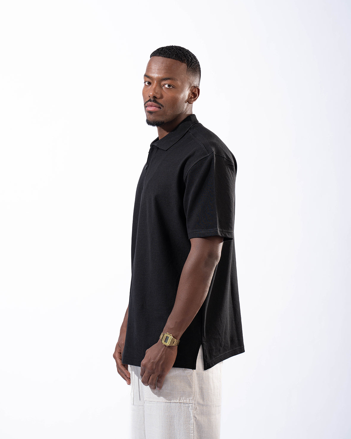 Black T-shirt Polo With Zipper