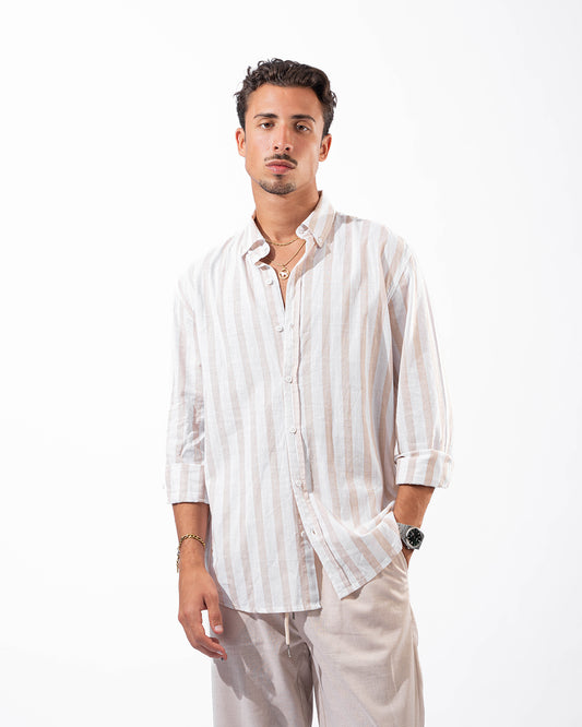 Unisex Beige Stripped Linen Shirt long sleeve