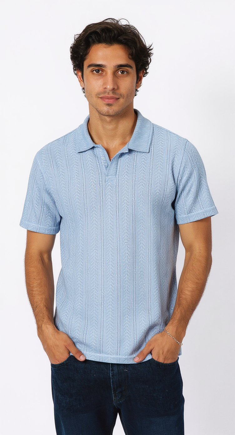 Light blue polo T-shirt with a subtle pattern
