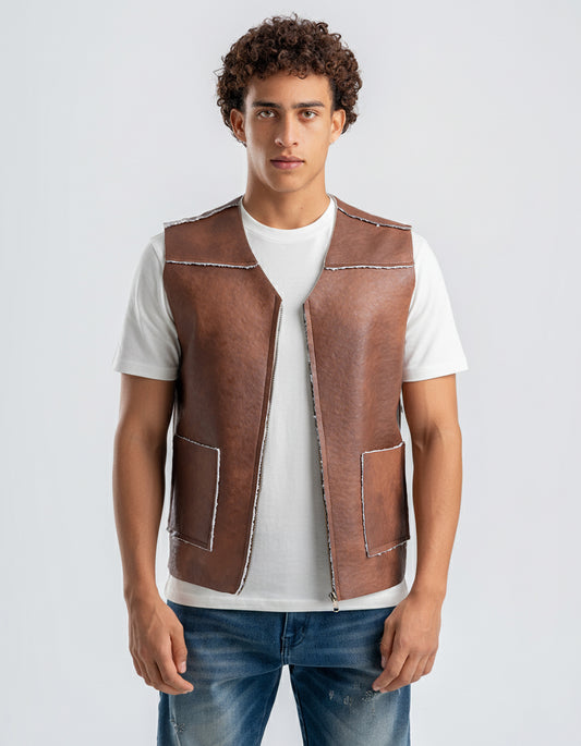 Men's Brown Leather Vest With White Details