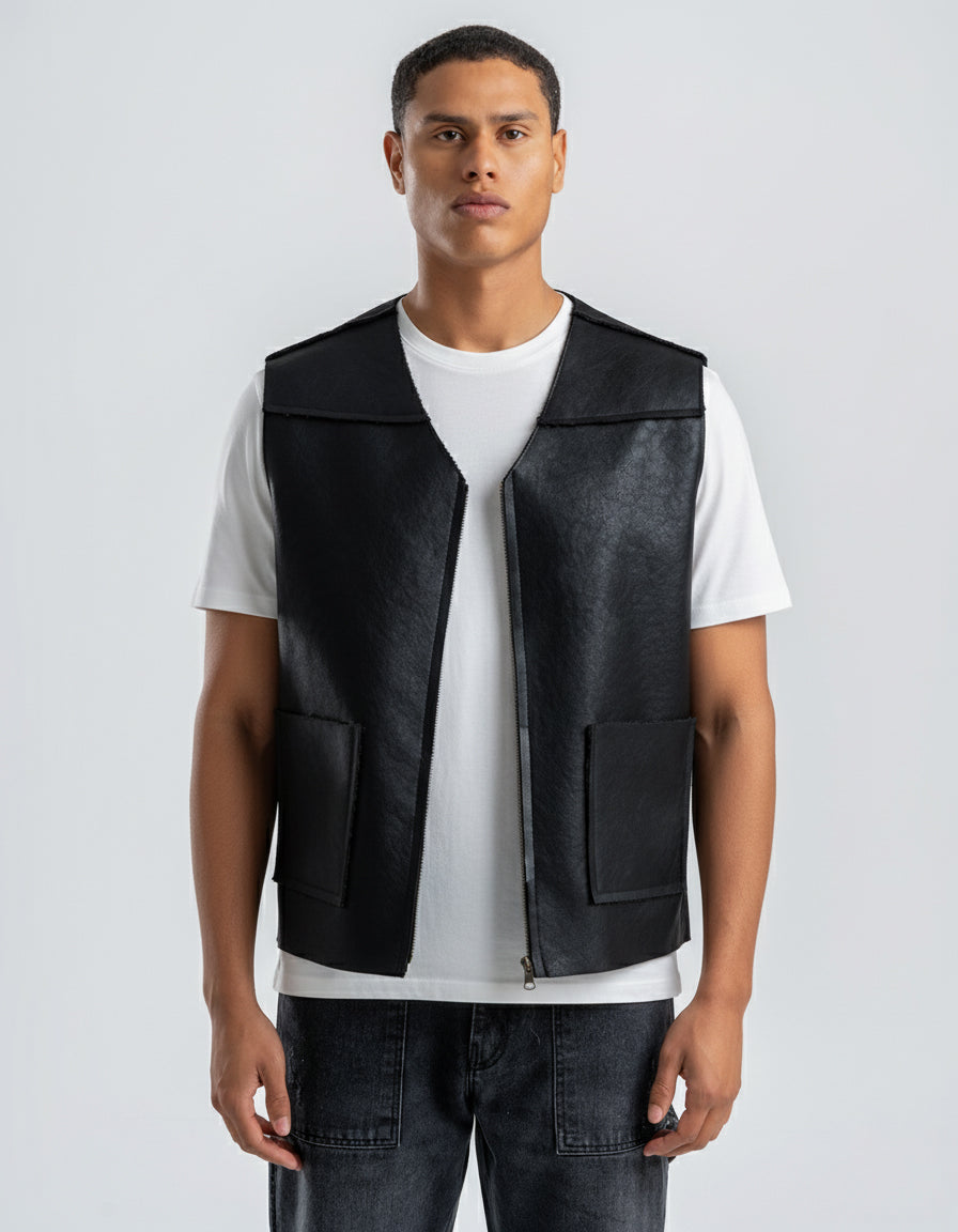Men's Black Leather Vest With Black Details