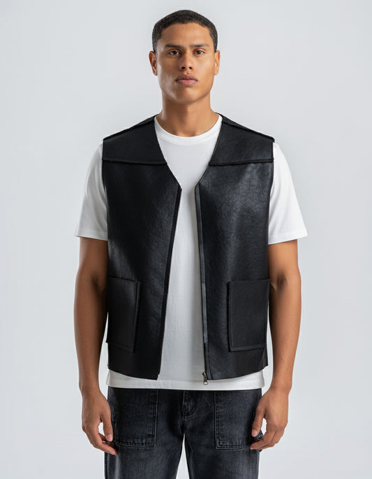 Men's Black Leather Vest With Black Details
