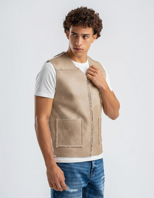 Men's Beige Leather Vest With White Details
