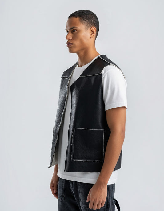 Men's Black Leather Vest With White Details