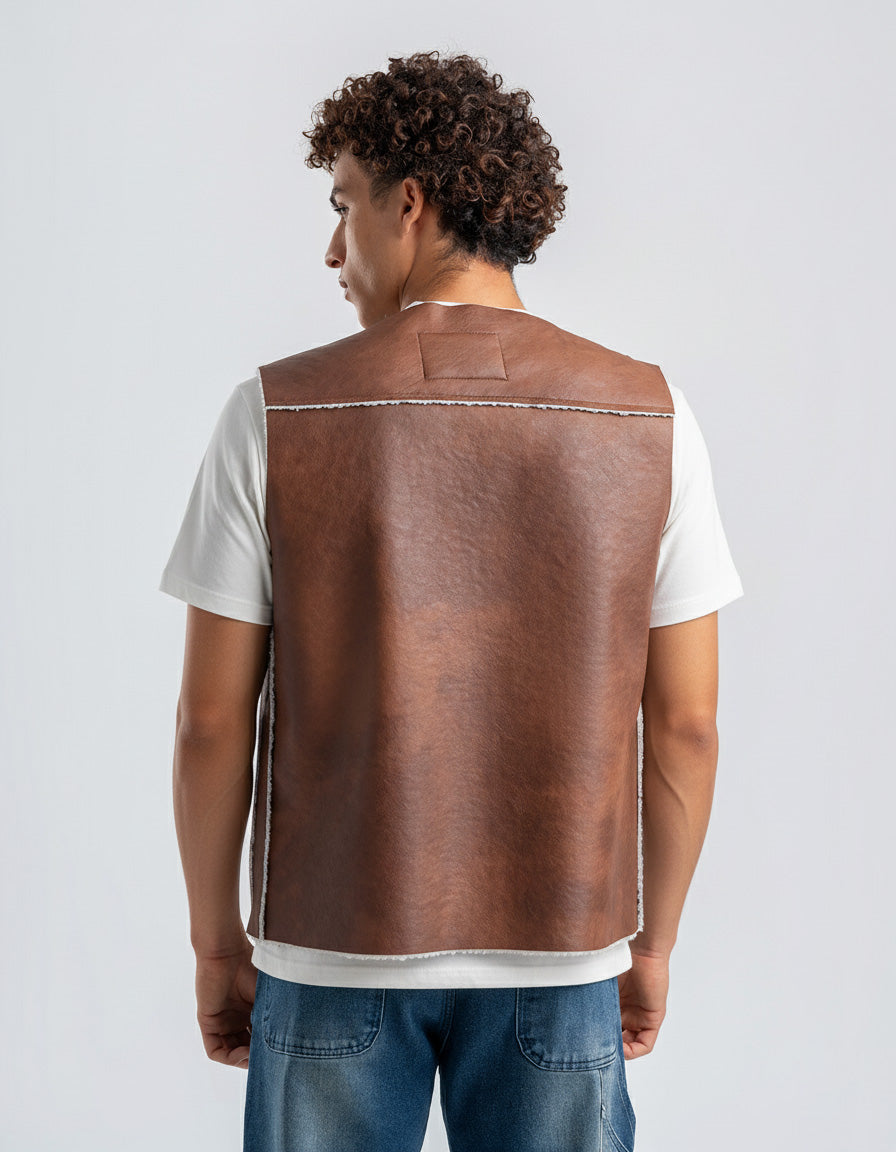 Men's Brown Leather Vest With White Details
