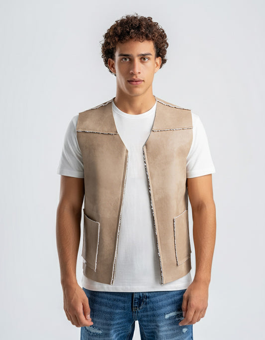 Men's Beige Leather Vest With White Details