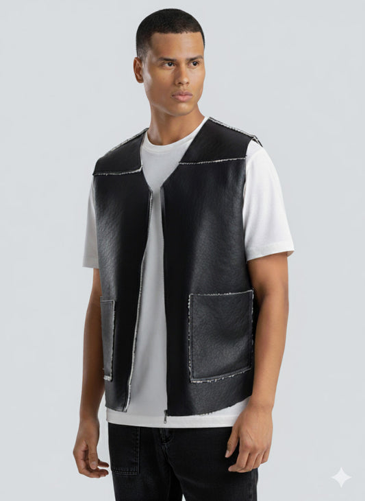 Men's Black Leather Vest With White Details