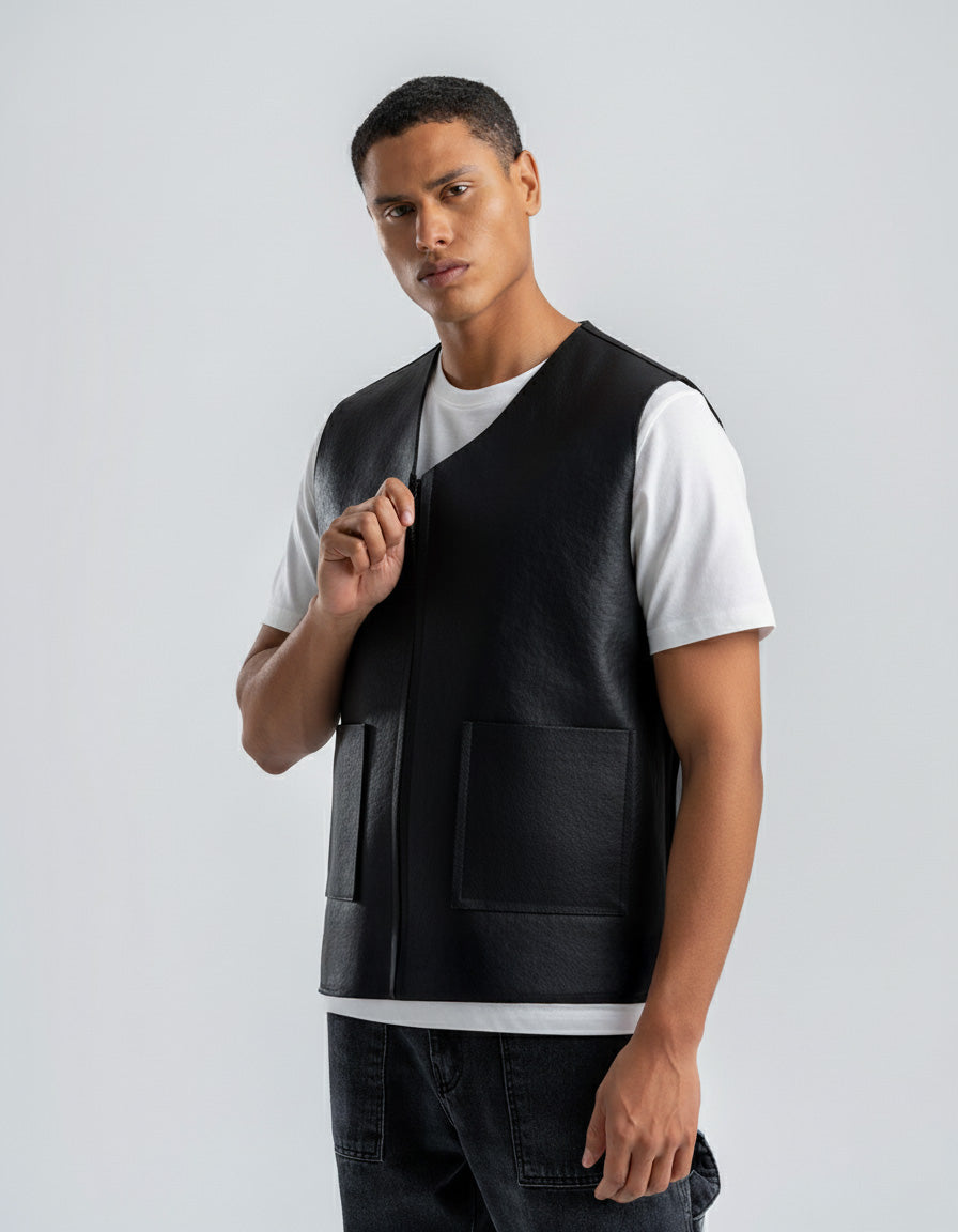 Men's Black Leather Vest With Black Details