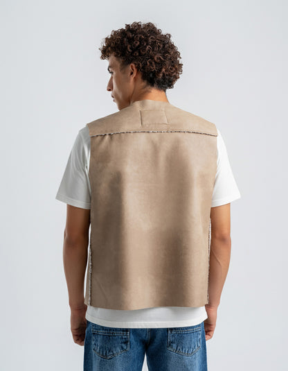 Men's Beige Leather Vest With White Details