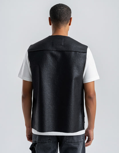 Men's Black Leather Vest With Black Details