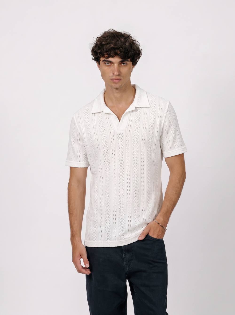Beige polo T-shirt with a subtle pattern
