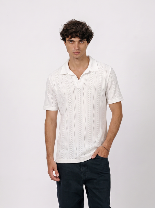 Beige polo T-shirt with a subtle pattern
