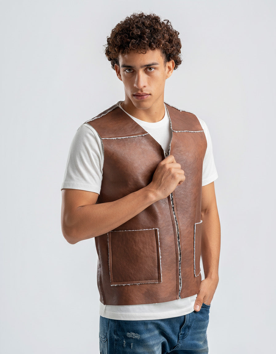 Men's Brown Leather Vest With White Details