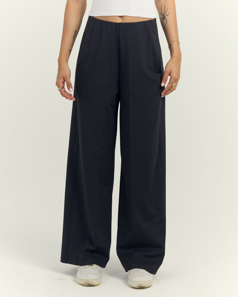 RUBBER PANTS-Waisted Wide-Leg Trousers Black