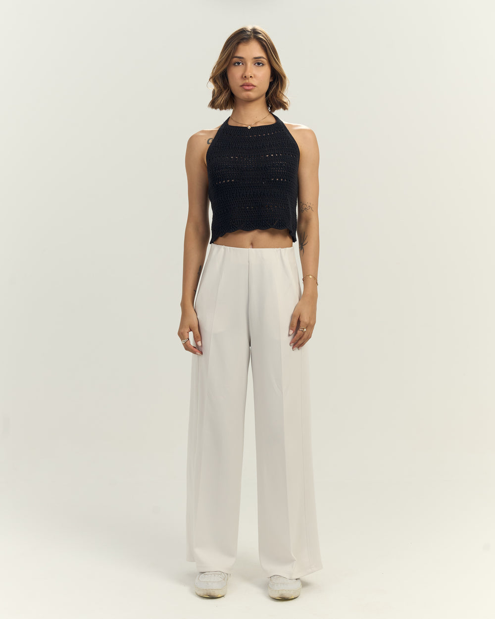 RUBBER PANTS-Waisted Wide-Leg Trousers Off White