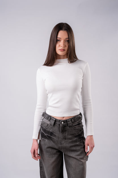 The Sleek Slit-Sleeve Ribbed Top - White