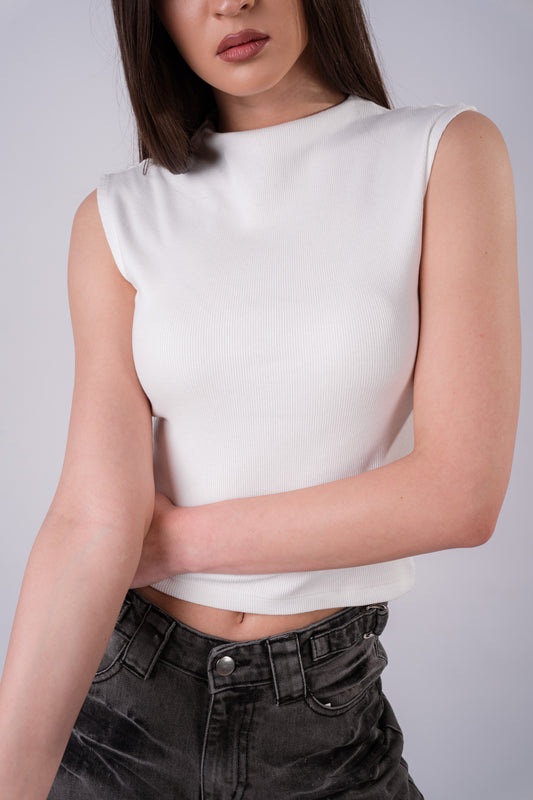 High Neck Rib Top - White