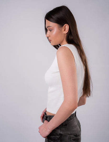 High Neck Rib Top - White