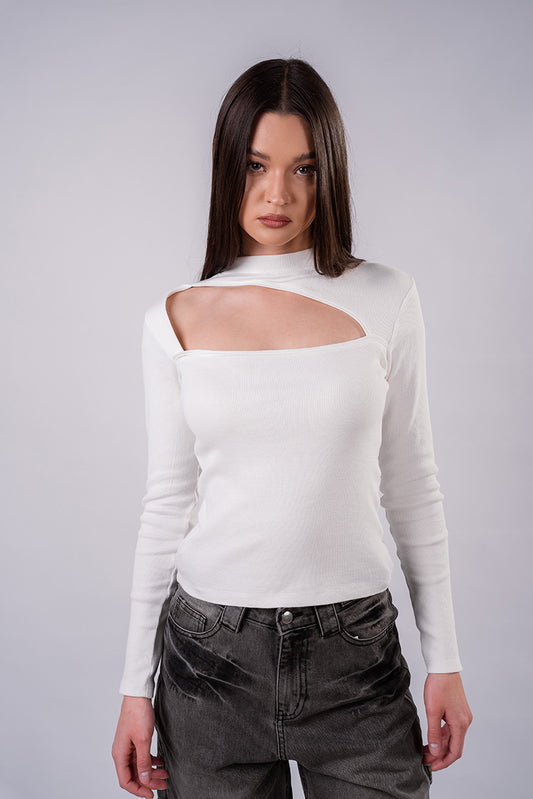 Cut-Out Turtleneck Rib Shirt - White