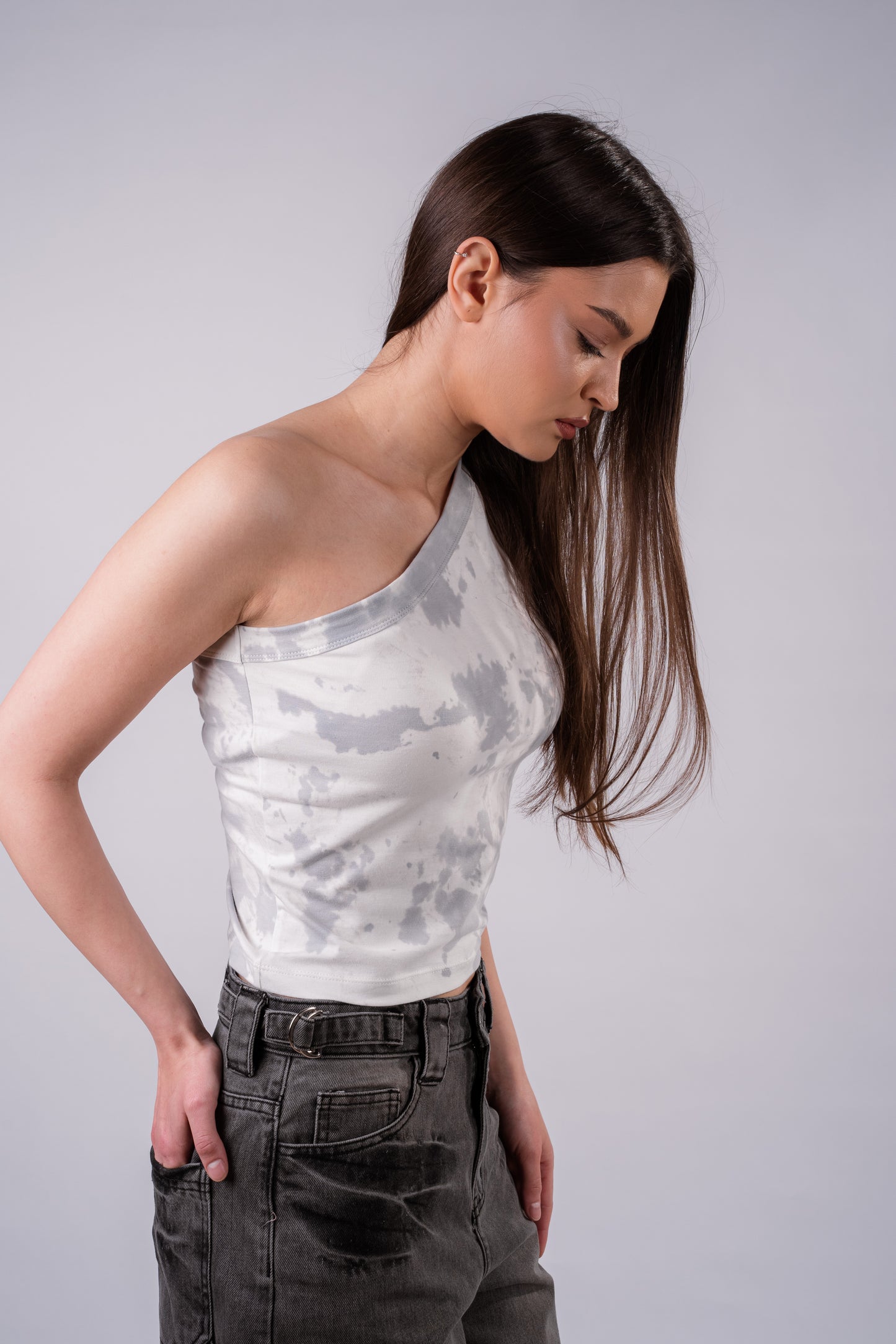 Tie Dye One Shoulder Shirt- Grey
