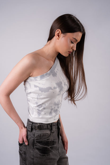 Tie Dye One Shoulder Shirt- Grey