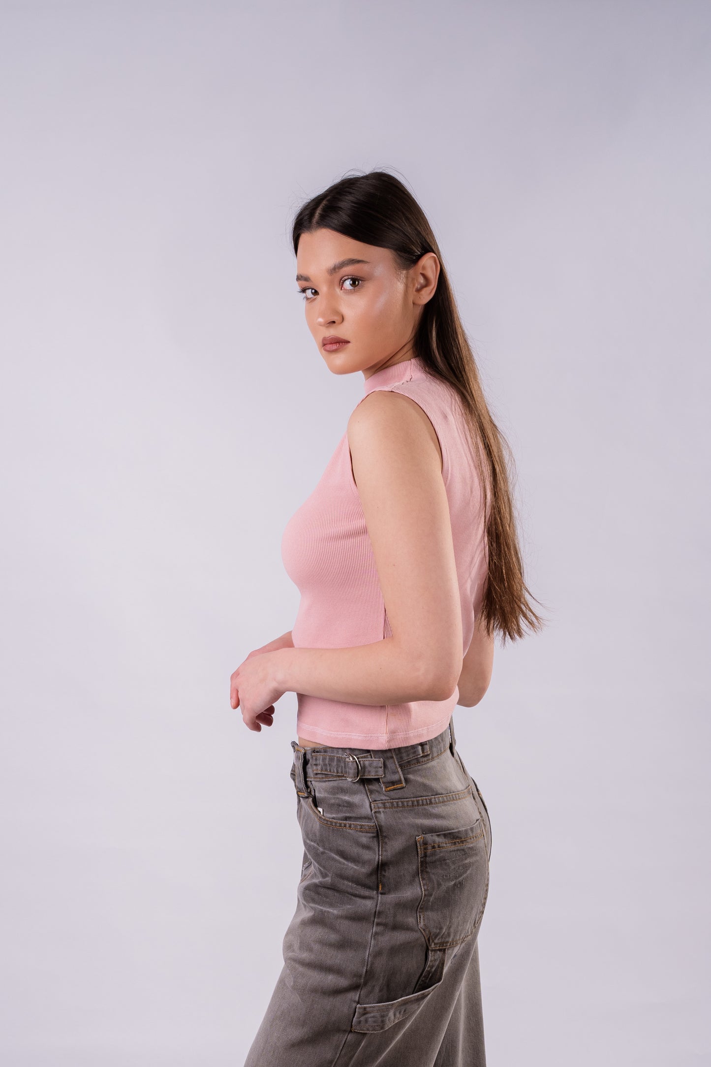 High Neck Rib Top - Pink
