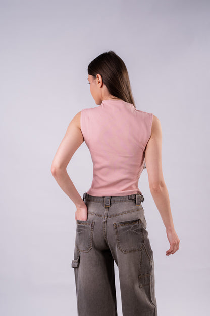 High Neck Rib Top - Pink