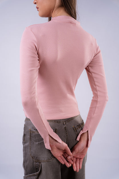 The Sleek Slit-Sleeve Ribbed Top - Pink