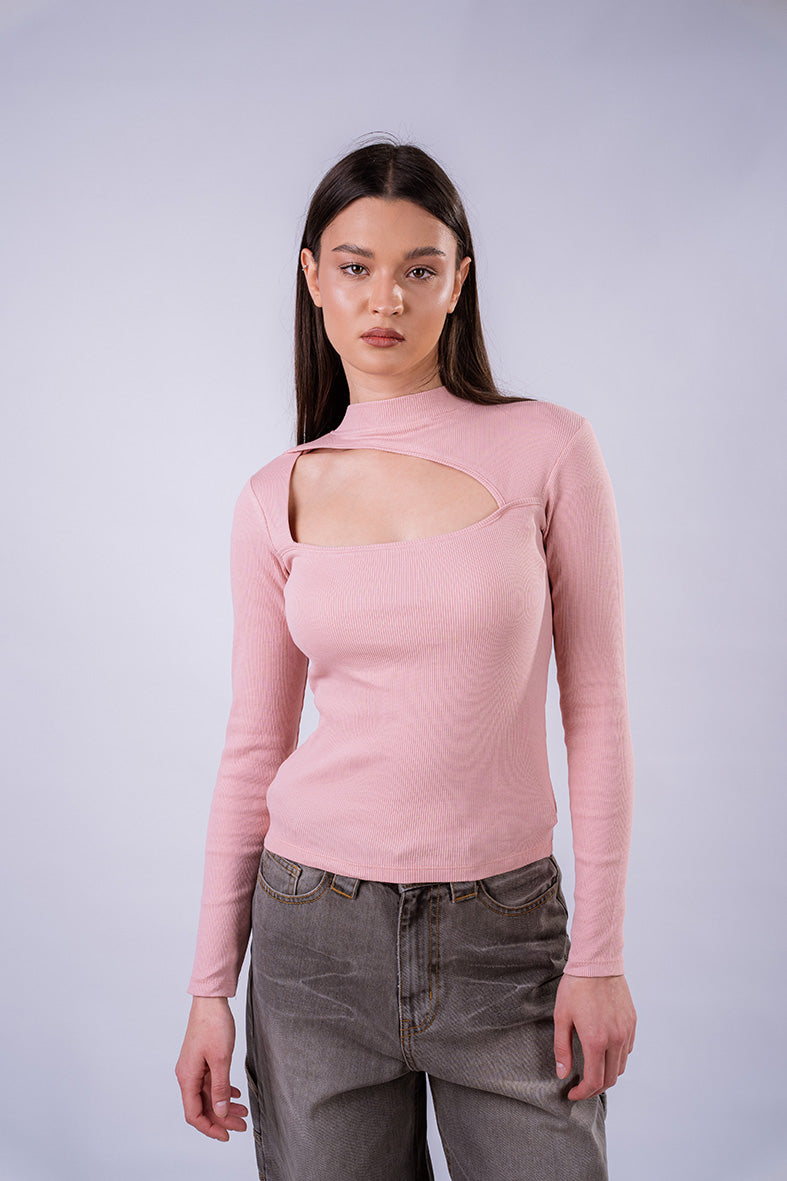 Cut-Out Turtleneck Rib Shirt - Pink