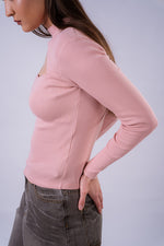 Cut-Out Turtleneck Rib Shirt - Pink