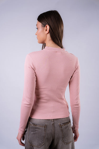 Cut-Out Turtleneck Rib Shirt - Pink