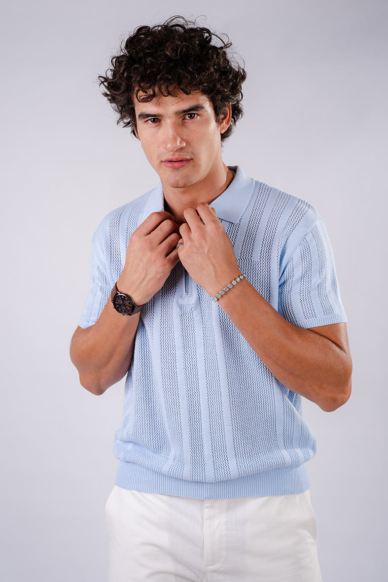 Tricot With Zipper Shirt- Sky Blue