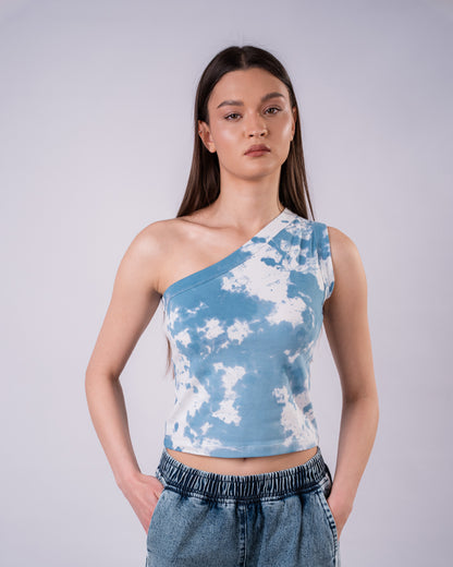 Tie Dye One Shoulder Shirt- sky blue