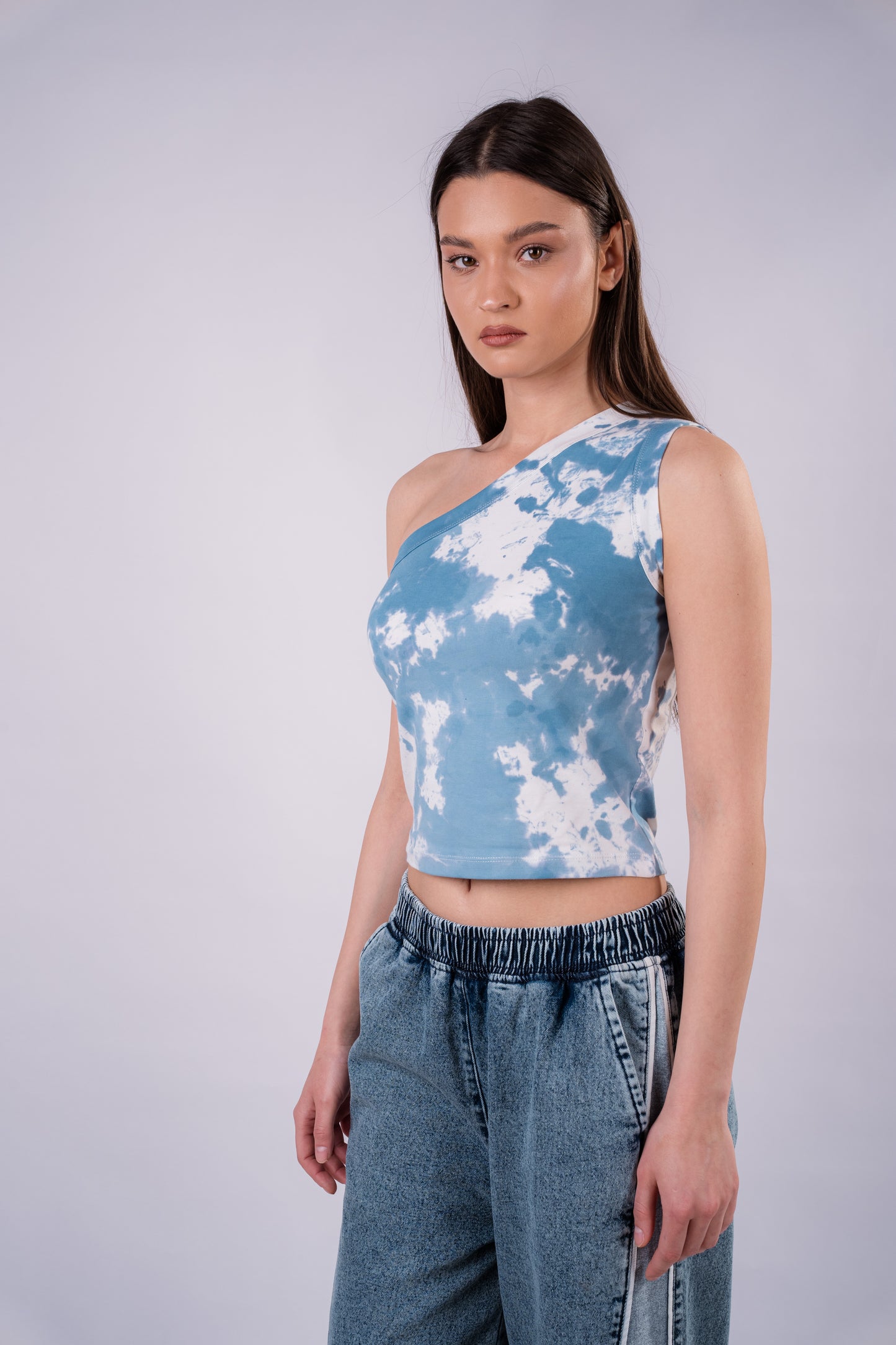 Tie Dye One Shoulder Shirt- sky blue