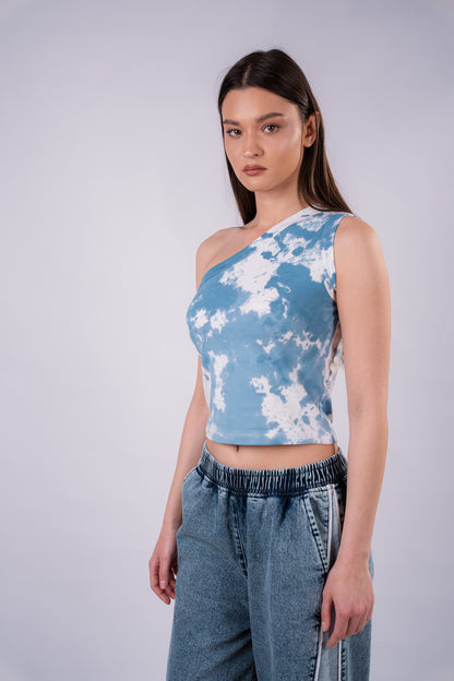 Tie Dye One Shoulder Shirt- sky blue