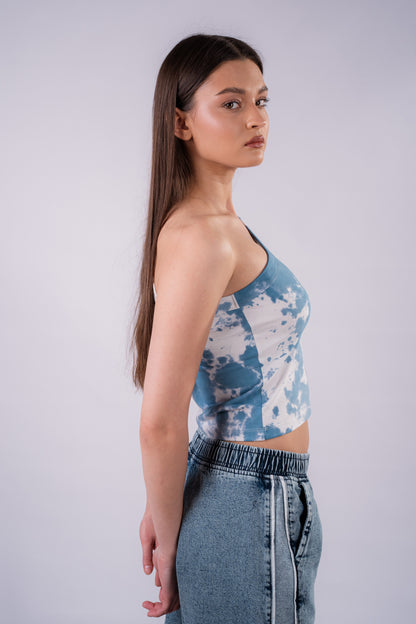 Tie Dye One Shoulder Shirt- sky blue