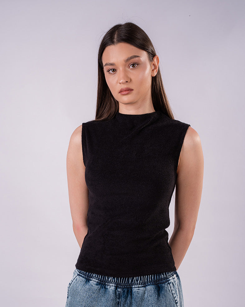 Velvet High Neck Top - Black