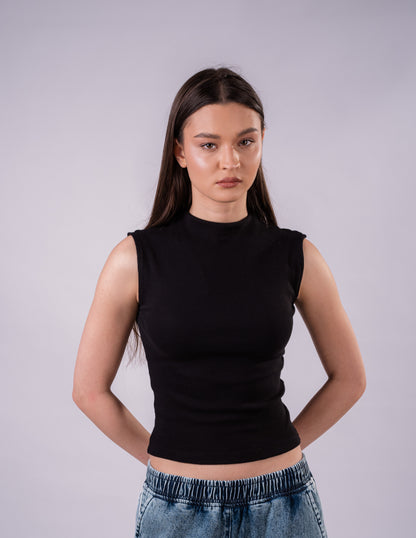 High Neck Rib Top - Black