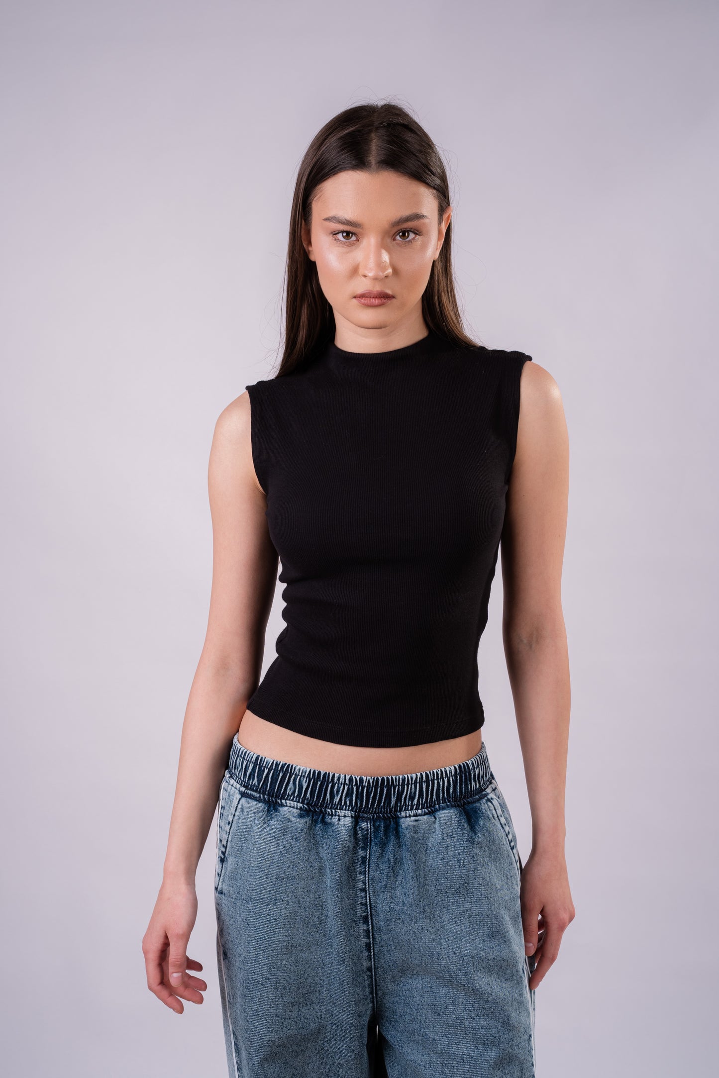 High Neck Rib Top - Black
