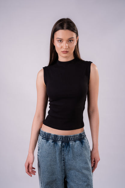High Neck Rib Top - Black