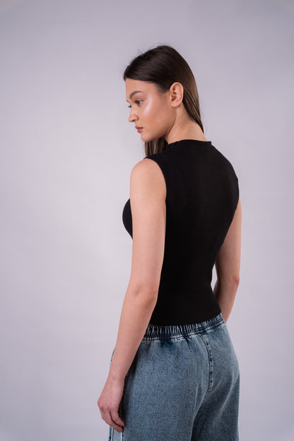 High Neck Rib Top - Black