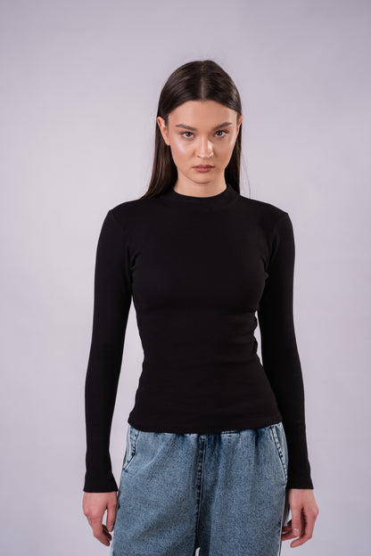 The Sleek Slit-Sleeve Ribbed Top - Black